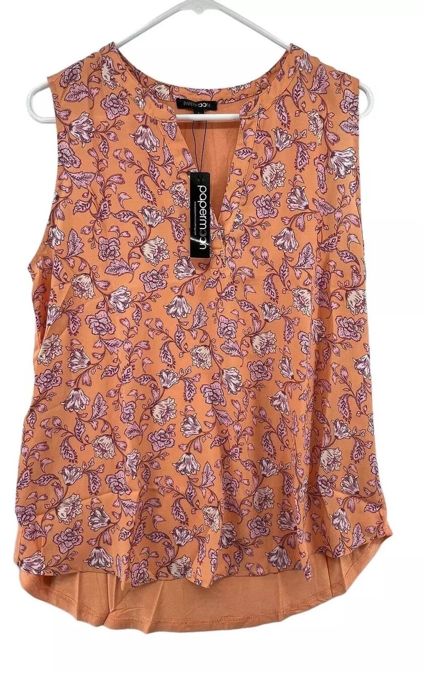 3078 NWOT Papermoon Womens Top Floral Sleeveless Sheer Lining Orange Size Large
